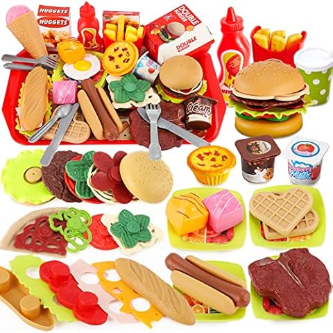 BUYGER Pretend Play Food Sets for Children 3+ Years Old, Kids Play Kitchen Shop Accessories Plastic Fast Food Playset - Christmas Role Play Toys Gift for Kids Boys Girls Cover