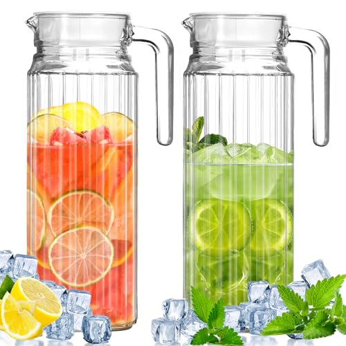 NXPZ Carafe d'Eau en Verre avec Couvercle, Lot de 2 Pièces d'une Capacité de 1,1 Litre, Carafe en Verre avec Poignée, Adaptée pour Boissons DIY, Jus, Thé Glacé,...