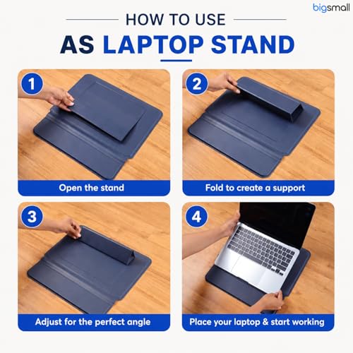 Image of Bigsmall Elevate Pro 14 Inch PU Leather Laptop Sleeve with Adjustable Stand, Compatible with MacBook Air /Pro 14 inch, iPad Pro 13 inch, Dell, HP, ASUS & Other 14-Inch Laptops, Magnetic Closure - Navy Blue