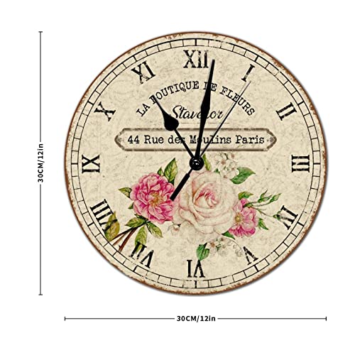 Retro Rustic Style 12X12In Modern Round Wood Wall Clock Roman Numerals Clock Battery Operated Silent Non-Ticking French Vintage Flower Farmhouse Clock For Cottage Bathroom Kitchen Bedroom Decoration #TOP1