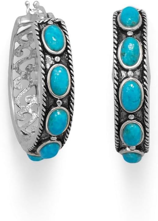 925 Sterling Silver Ornate Oxidized Turquoise Hoop Earrings Click Earring 5 Oval Simulated Pieces Al Hoop Earring for Women