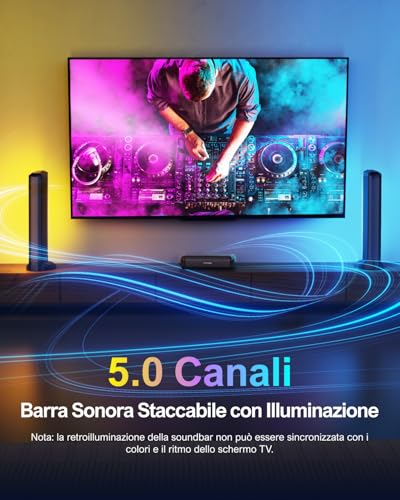 ULTIMEA 5.0ch Barra de Sonido TV, Barra de Sonido PC con RGB para Cine en Casa, Soundbar Desmontable con Control de App, Barra de Sonido Bluetooth 5.3, HDMI-ARC/Opt/AUX, Montaje en Pared, Apollo S70