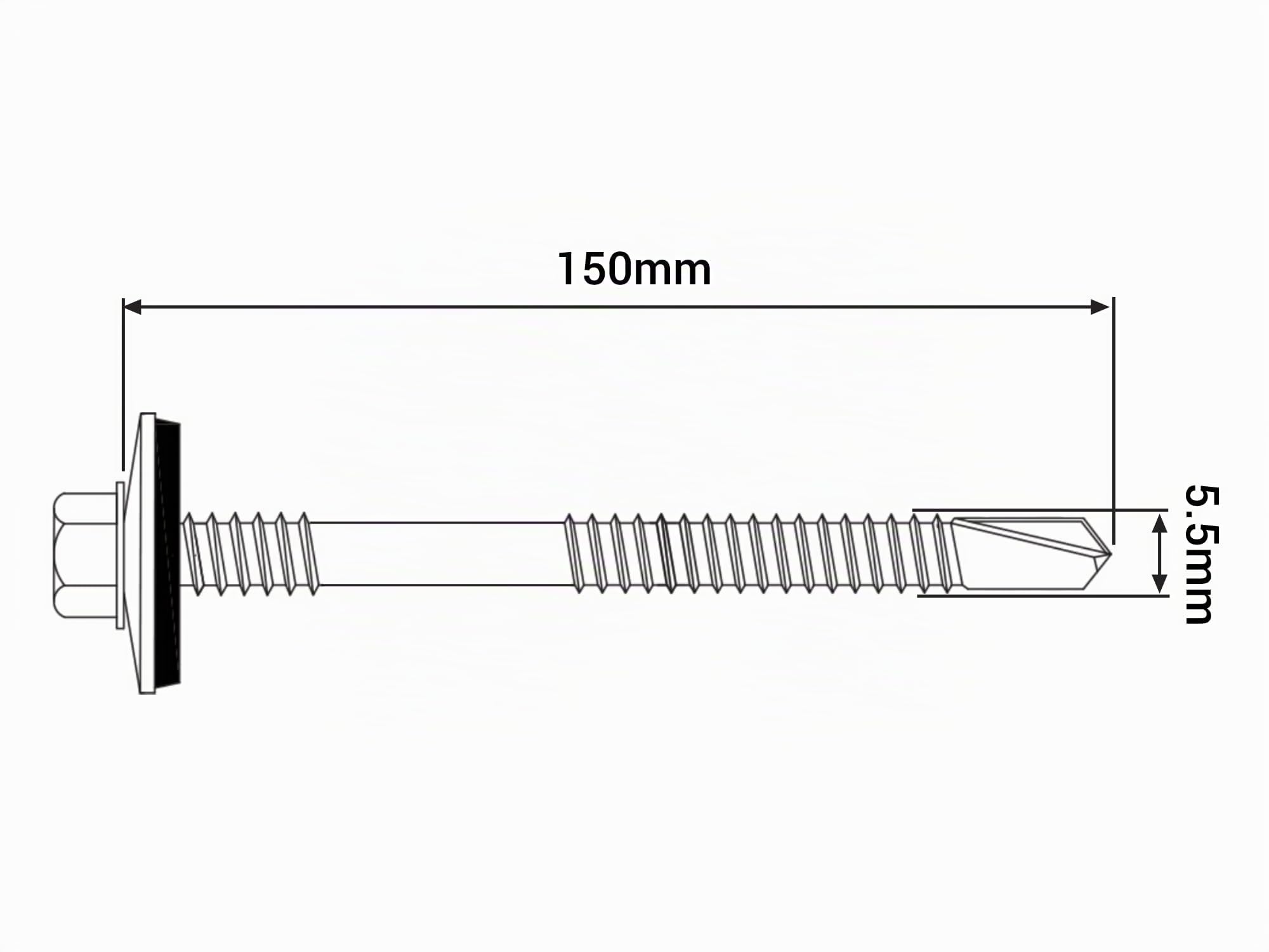 (50 Stück) Lackierte selbstbohrende 5,5 x 150 mm Schrauben mit EPDM-Unterlegscheiben für Sandwichplatten, Sechskantkopf (Anthrazitgrau, RAL 7016)