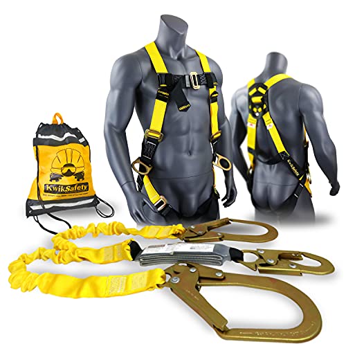 KwikSafety - Charlotte, NC - Python [Combo] Safety Lanyard + 3 D-Ring Harness/Double Leg 6FT ANSI OSHA Roofing Fall Protection External Shock Absorber Construction Gear Restraint Snap Hook