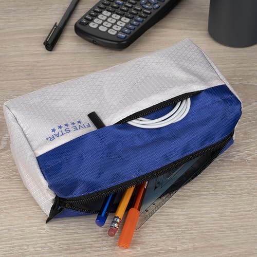 Image of Five Star Pencil Pouch 9-Pocket Zipper Storage Organizer Case for Office Supplies Earbuds Chargers Cables Makeup, Tan /Blue (505600C)