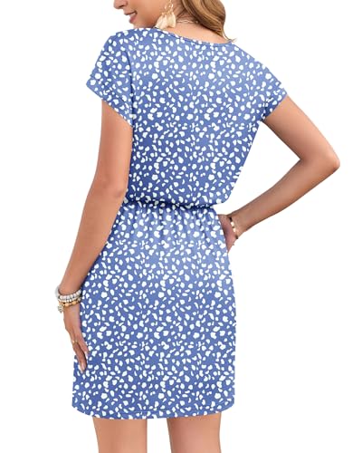 Image of AUSELILY Womens Summer Mini Dress, Short Sleeve V Neck Drawstring Casual | Tshirt dress with drawstring waist and pockets. Ideal sundress for daily outing, beach and vacation