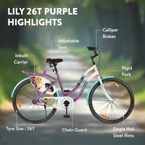 Image of CULTSPORT by Cult Lily Cycle for Girls /Women 26 inch, Bicycle for 13+Years with Steel Frame & Inbuilt Carrier I 85% Assembled with Rigid Fork, Frame Size :15 inch, Womens, Purple