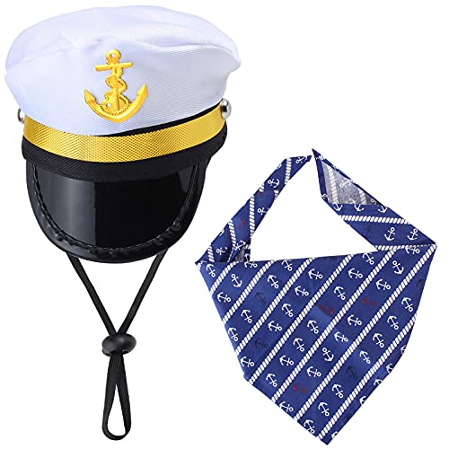 Yewong Pet Captain Sailors Costume Set Dog Cat Sea Captain Hat with Pet Anchor Triangle Bibs Scarf for Cat Puppy Navy Halloween Cosplay Costume Accessories Photo Props (White-C)