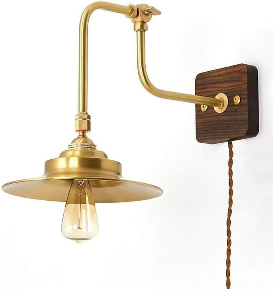 ZLLFHS Lámpara de Pared Interior de Cobre Puro con Accesorio Retro Industrial Americano con Enchufe de Interruptor Lámpara de Pared Hecha de latón Aplique de Pared Loft Lámpara con Base de Madera