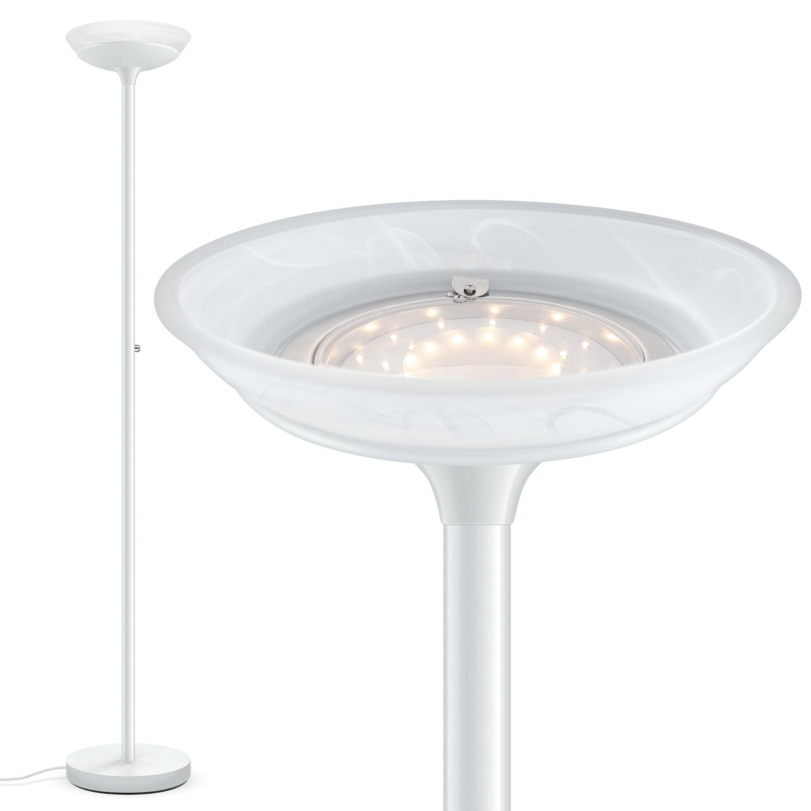 BoostArea Torchiere Floor Lamp, 24W Super Bright LED Standing Lamp, Stepless Dimmable Pole Lamp with 3000K Lighting, Glass Lampshade, 71Inch Tall