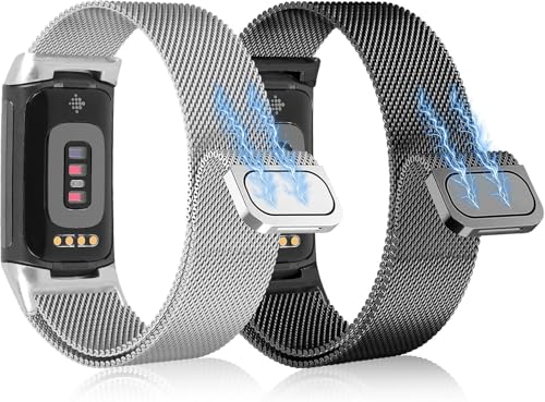 ELUTENG Métal Bracelet Compatible avec Fitbit Charge 6/Fitbit Charge 5 pour Femme Homme, 2 Pièces Acier Inoxydable Réglable Bracelet de Remplacement avec Boucle...
