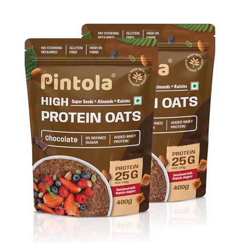 Image of PINTOLA 25g High Protein Oats 400g, Dark Chocolate,No Refined Sugar, with Almonds Raisin, Pumpkin and Chia Seeds, 8g Fibre, Rolled Oats, Breakfast Cereals | Gluten Free (Pack of 2)