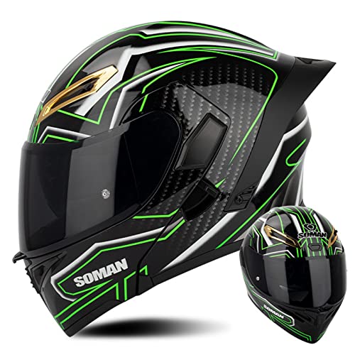 Casque Modulable Moto avec Double Visière, Casque de Moto ECE Homologué Casque Moto Modulaire Adulte avec Pare-Soleil Noir/Transparent/REVO, Homme et Femme Casque Moto - Noir Brillant Vert B,S