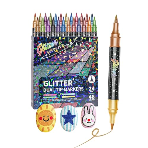 Glitter Paint Set, Double Tip Water Based Markers, Shimmer Coloring Drawing Tools for Diy Craft Projects, for Scrapbooking Greeting Cards Art Supplies Home School Adults Kids, Fine Broad Creative