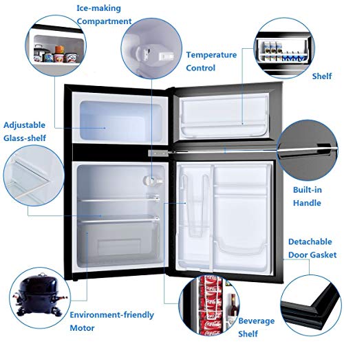 COSTWAY Compact Refrigerator, 3.2 cu ft. Unit 2-Door Mini Freezer Cooler Fridge with Reversible Door, Removable Glass Shelves, Mechanical Control, Recessed Handle for Dorm, Office, Apartment (Grey)