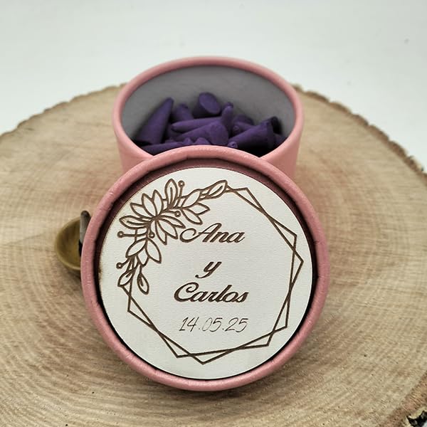 Lote de 20 Set Incienso olor a lavanda detalle boda, comunion, con tapa de madera personalizada mediante grabado laser