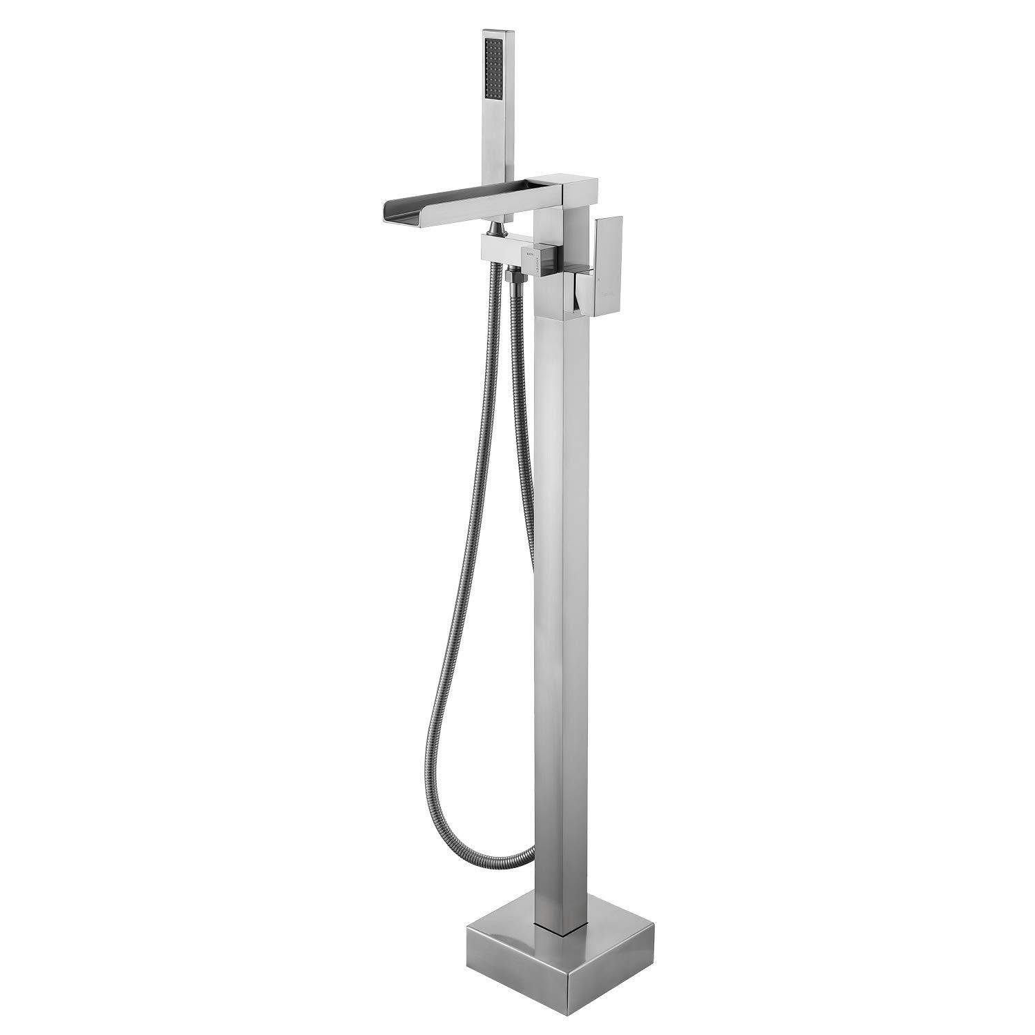 TapLong Freestanding Bathtub Faucet Tub Waterfall Filler Floor Mount Bathroom Faucets Brass Single Handle with Hand Shower High Flow Rate Max 6 GPM (Brushed Nickel)