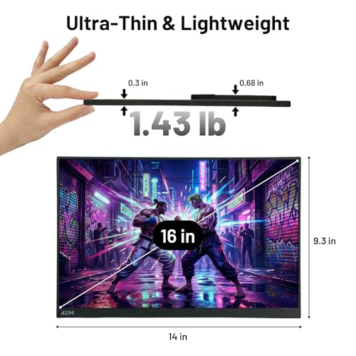 Image of AXM 16 inch Portable Monitor FHD IPS 120Hz Flicker-Free 400 Nits 140% sRGB(OLED-Like Colors) USB-C HDMI 2nd Monitor for Switch (Dock-Free), Windows, MacBook, Phone, Xbox