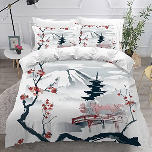 Housse de Couette 220x240 Adulte Fleurs De Cerisier Parure de Lit 2 Personnes Adulte Adolescents 3 Pièces avec Fermeture Éclai et 2 Taie d'oreiller 3D Style Japonais Microfibre Ensemble de Literie