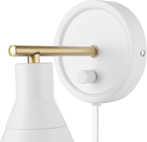 Miniatura 10 de GLOBE 65542 - Lámpara eléctrica de pared regulable de 1 luz, blanco mate, acento de latón, interruptor giratorio de atenuación continua en el toldo,