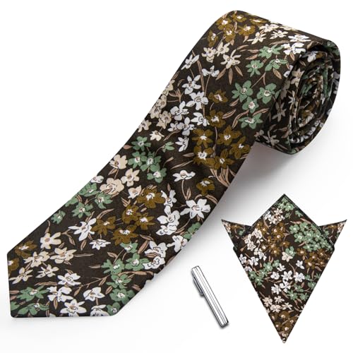 Image of YourTies Cotton Floral Tie for Men 2.5 inch Printed Skinny Necktie Pocket Square Tie Clip Set Flower Wedding Party Groom