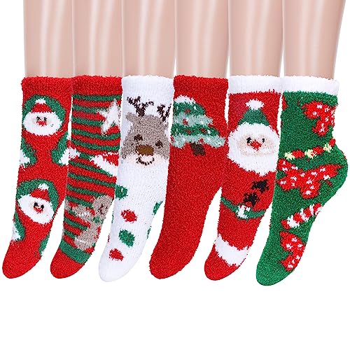 Image of Whaline Christmas Fuzzy Socks for Women Girls Gifts Plush Slipper Socks Elk Snowman Gingerbread Man Santa Claus Pattern Soft Socks Xmas Red Green White Warm Socks, 6Pairs