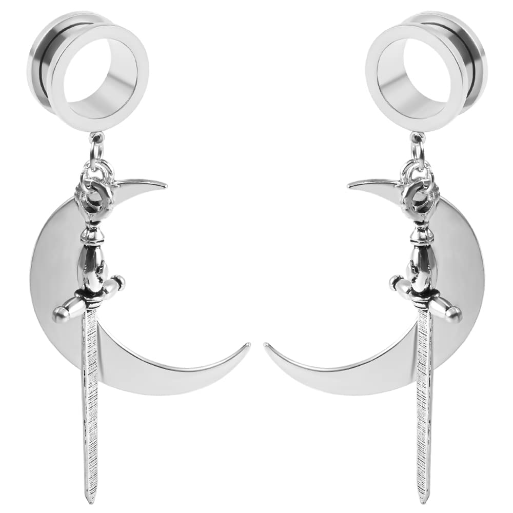 Vankula 2PCS Moon Sword Hypoallergenic Stainless Steel 0g 2g Plugs Ear Gauges Tunnels Piercing Expander Stretchers Fashion Body Jewelry