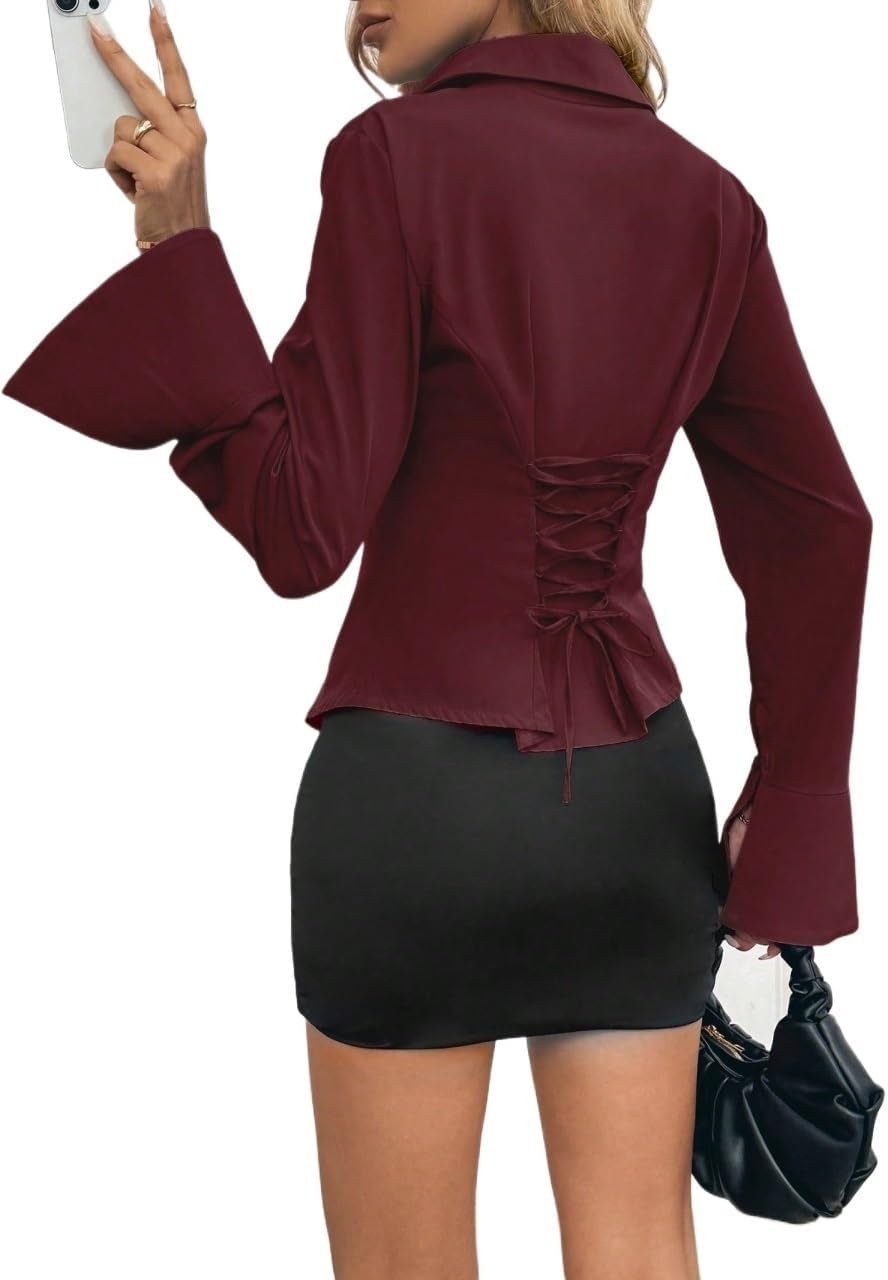 Women's Classic-Fit Shirt Color Tie-Waist Split-Hem Sleeve Fit Blouse