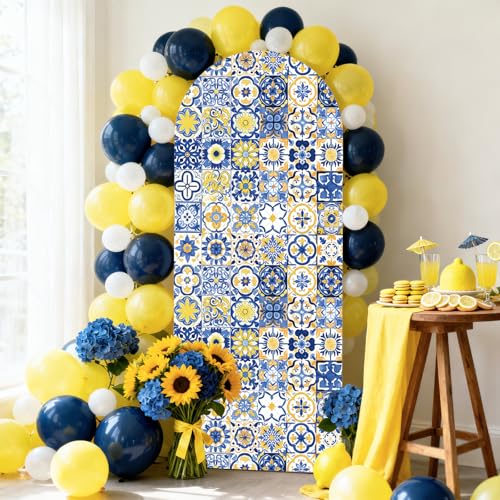 Mediterranean Blue Tiles Lemon Arch Backdrop Cover Italian Lemon Backdrop 6ft Arch Covers Stretchy Spandex Fitted Tile Arch Stand Cover for Mediterranean Wedding Bridal Shower Bachelorette Party Decor by Tarndom - Used condition - Image 2