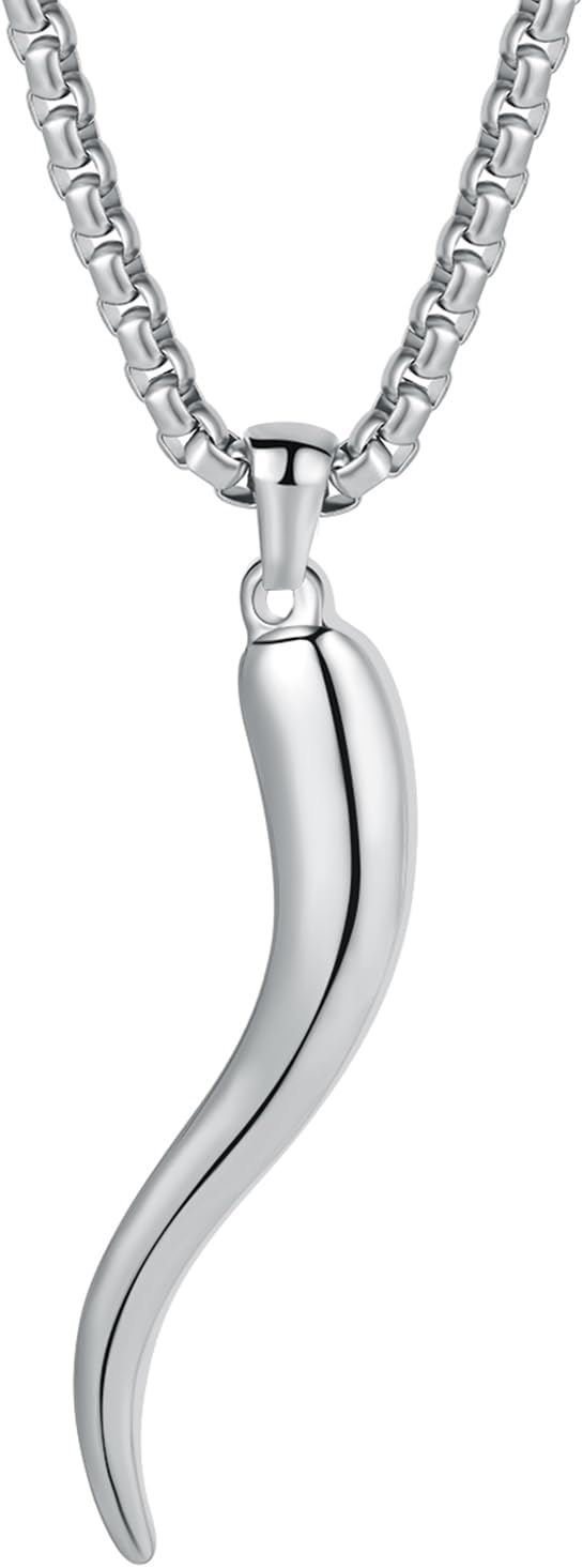 Italian Horn Pendant Necklace for Women Men Silver/Gold Plated Stainless Steel Cornicello Necklace Protection Necklace Chains with Pendant Italian Charm Talisman with Gift Box