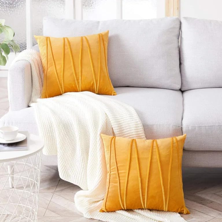 Image of Decorative Striped Throw Pillow Covers 20 X 20 Inch,Soft Solid Velvet Pillow Covers Cushion Case with Zigzag Pattern for Sofa Bedroom 50 X 50 Cm (Pack of 2) Yellow