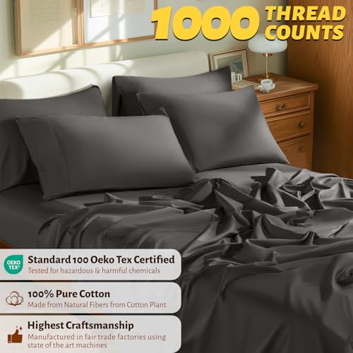 Shilucheng 100% Egyptian Cotton King Size Sheets Set - 1000 Thread Count,Luxury Cotton Bed Sheets,Breathable & Cooling Bedding and Pillow Cases, 16 Inch Deep Pocket - 6 Piece (Dark Grey, King)