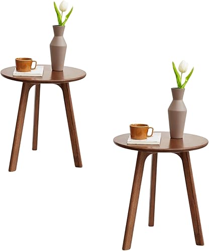 Miniatura 10 de Mesa auxiliar redonda 100% roble macizo, mesa auxiliar pequeña para espacios pequeños, mesas auxiliares de sala de estar de 3 patas con marco