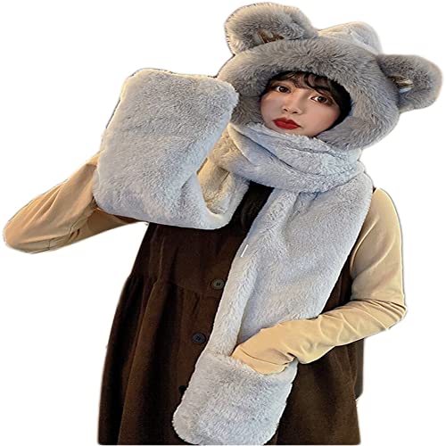 Faux Fur Furry Hooded Scarf With Pockets Hat Gloves Set Cute Bear Ears Multi-Functional Animal Hat