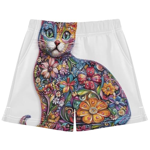 Girls Athletic Shorts Whimsical Pattern Cat Multicolor Cute Casual Summer Activewear Kids Sleep Shorts, X-Small