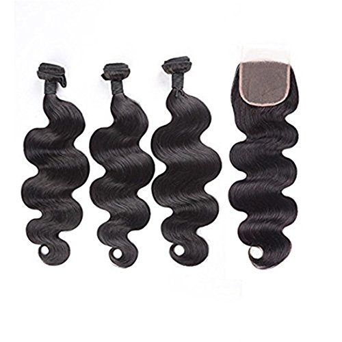 Luduna Brazilian body wave Hair 3 Bundles With Free Part 4x4 Lace Closure Unprocessed Virgin Human Hair Wave (10 12 14+10, Natural Color)