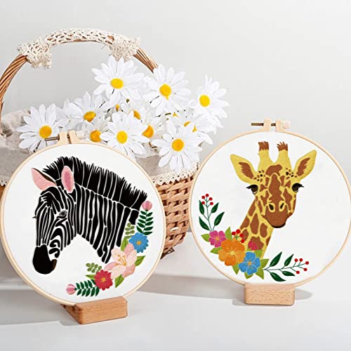 Image of ORIGACH 4 Pcs Wild Animal Embroidery Starters Kit for Beginners, Zebra Lion Elephant Giraffe Embroidery Stitch Practice kit Include Embroidery Cloth, Embroidery Hoops, Threads and Needles