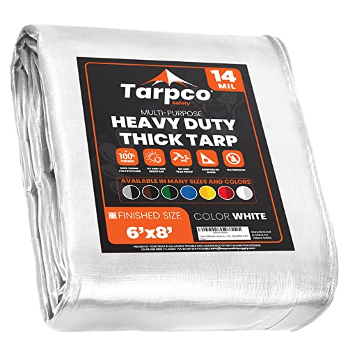 Image of Extra Heavy Duty 14 Mil Tarp Cover, Waterproof, UV Resistant, Rip and Tear Proof, Poly Tarpaulin with Reinforced Edges for Roof, Camping, Patio, Pool, Boat (White 6′ X 8′)