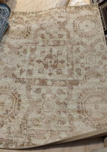 Image of 2x5 Feet (60x150 CM) Carpet for Bedroom Living Room & Hall - Green Gold Modern Abstract Geometric Silk-Touch Luxury Hotel-Style Washable Anti-Skid Turkish Area Rug