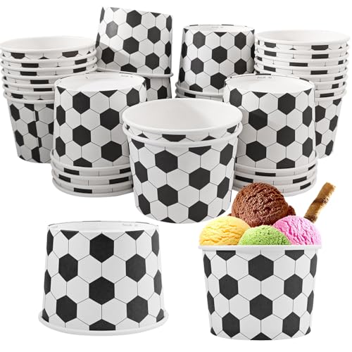50 Pcs Soccer Ball Pattern Ice Cream Cups Paper Soccer Party Treat Snack Bowls Dessert Disposable Bowls 9 OZ for Yogurt Soup Fruit Soccer Birthday Party Supplies