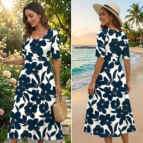 Image of Women's Boho Floral Maxi Dress Casual Boho 2026 Summer Short Sleeve Beach Dresses with Pockets