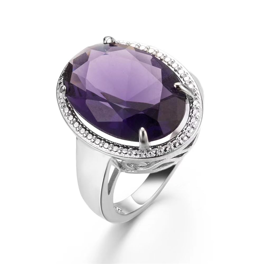 FZO Vintage Womens 925 Sterling Silver Ring Inlaid Shiny Amethyst Purple Gemstone Pigeon Eggs Shape Zircon Princess Ring Eternity Engagement Wedding Cocktail Band Ring for Women ST.157 (6)
