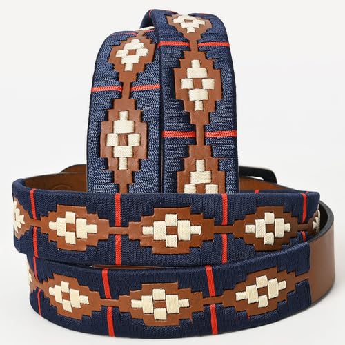 Western Brown Full Grain Genuine Leather Men & Women Belt Embroidered Blue Red & White with Removable Buckle2