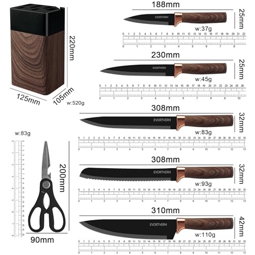 lapelux Knife Set,6 Piece Kitchen Knife Set-Kitchen Knives with Block, Wood Grain Handle, Stainless Steel Knivese with Chef, Bread Knife,for Cutting Meat/Vegetables/Fruit. - Image 5