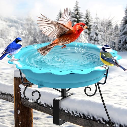 Jvgoo Heated Bird Bath for Deck Railing, Powerful 100W Thermostatically Controlled Heated Bird Baths for Outdoors for Winter, Heated Birdbath Water Heater for Outside Garden Yard Patio Lawn (Blue)