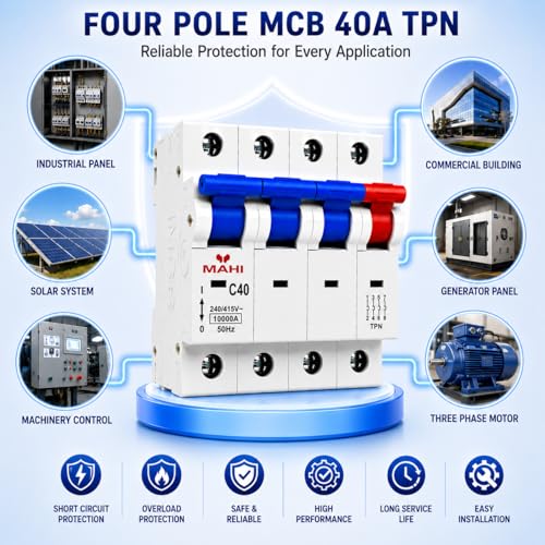 Image of MAHI 40A Four Pole MCB C Curve, Miniature Circuit Breaker with Overload & Short Circuit Protection, 40A Breaking Capacity, Durable Polycarbonate Body for Home & Industrial Use