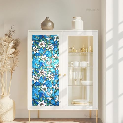 Image of WISDOM Premium Frosted Glass Window Film Self Adhesive Decorative Glass Window Privacy Sheet Film UV Control Removable Vinyl Privacy Film (Blue Lilly Orchid Flower, 12x36 Inch)