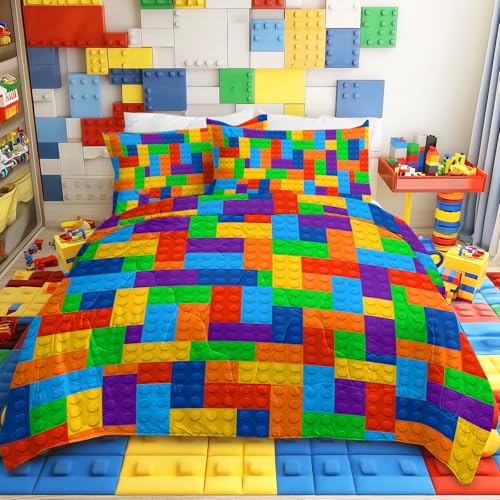 BlessLiving Colorful Toy Comforter Set Building Blocks Bedset Quilt Coverlet Bedspread Twin/Twin XL Size Fun Bedding Sets with 2 Pillow Shams for Kids Teen Boys Girls