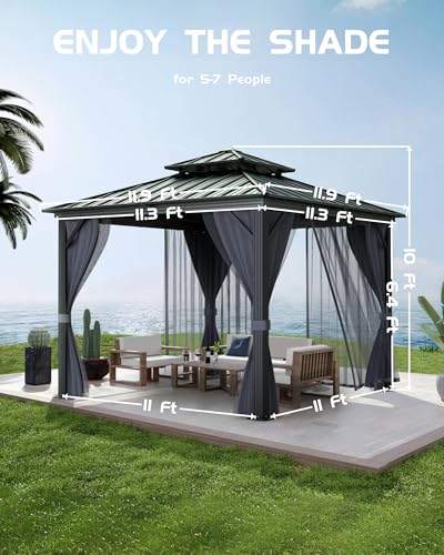 Hardtop Gazebo 12'x12' for All Weather, with Double Metal Roof, Aluminum Alloy Frame, Net, and Curtain, Permanent Building for Patio, Deck, Backyard, Lawn, and Garden, Gray