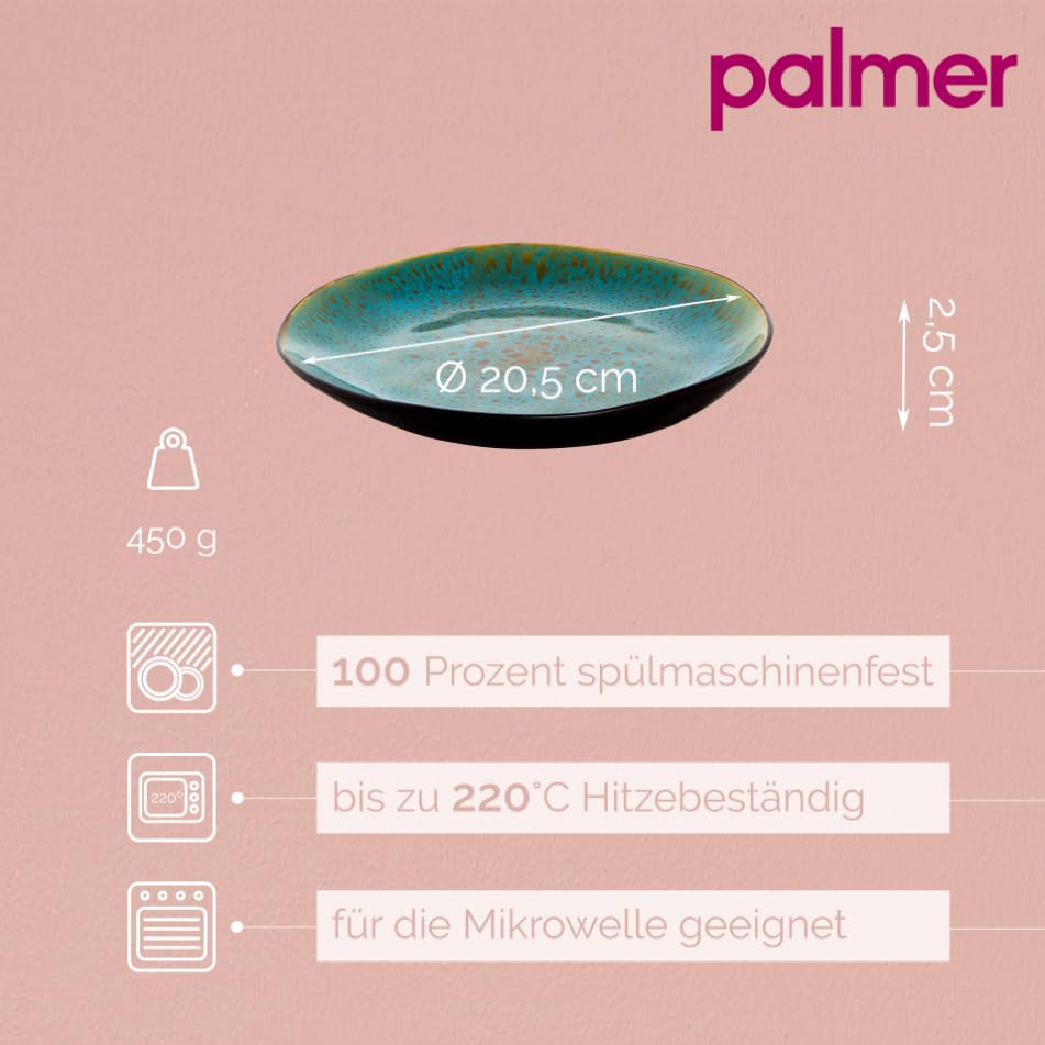 palmer Lotus Teller flach - 2er-Set, Steinzeug - Ø 20,5 cm - Türkis teilglasiert, organische Form - für FrühStück, Brotzeit oder als Kuchenteller - stapelbar, spülmaschinenfest